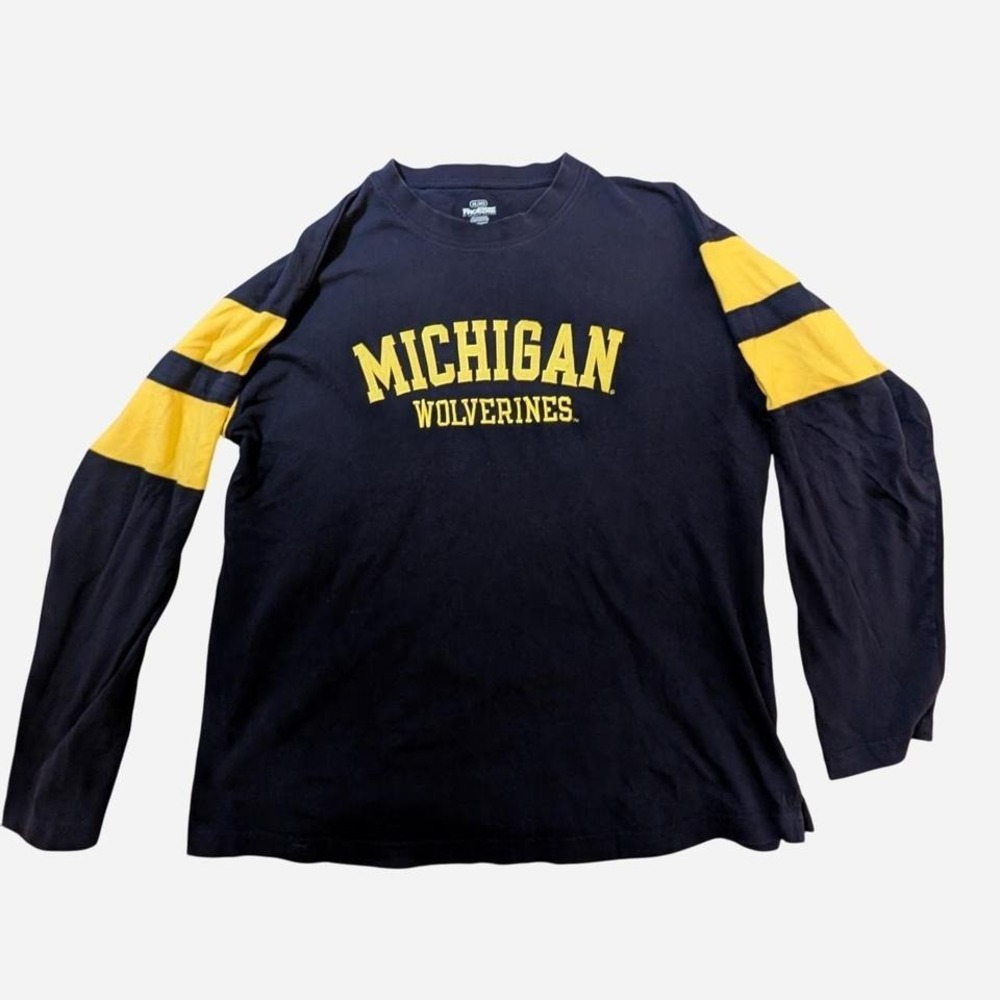 Michigan Wolverines long‎ sleeve blue shirt maize stripes embroidered logo XL